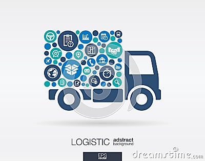 Color circles, flat icons in a truck shape: distribution, delivery, service, shipping, logistic, transport, market concepts. Vector Illustration