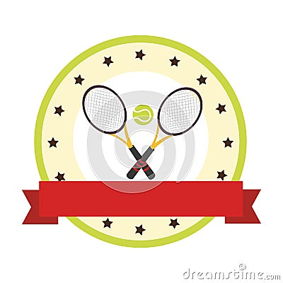 Color circular emblem with ribbon and ball and tennis rackets Vector Illustration