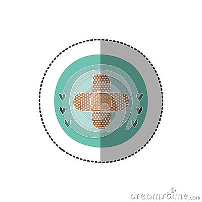 Color circular frame with middle shadow sticker with crossed band aid Vector Illustration