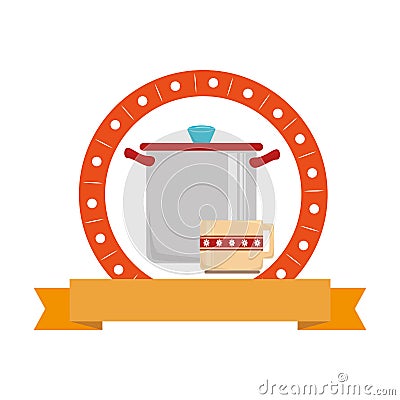 Color circular frame with pan and cup and ribbon Vector Illustration