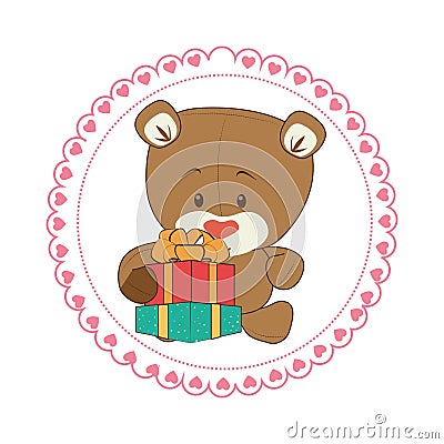 Color circular frame with teddy bear and gift box Vector Illustration