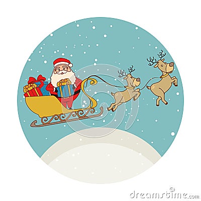 Color circular shape with santa claus in sleigh with reindeers and presents Vector Illustration