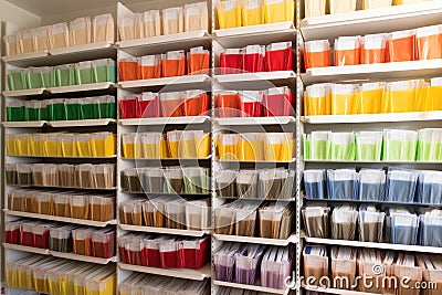 a color-coded system for categorizing piles of documents and files Stock Photo