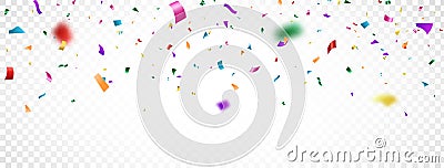 Color confetti background. Bright festive confetti frame. Congratulation banner. Colorful ribbons. Falling shiny paper Vector Illustration