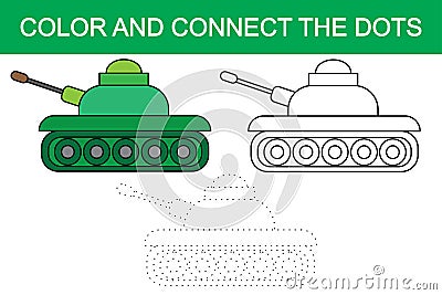 Color and connect the dots of image of cartoon tank transport. Vector Illustration