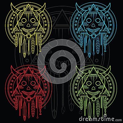 Color contour skull with horns and feathers. Sacred geometry. T-shirt print Vector Illustration