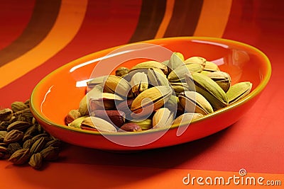 color contrast image of pistachios on an orange plate Stock Photo