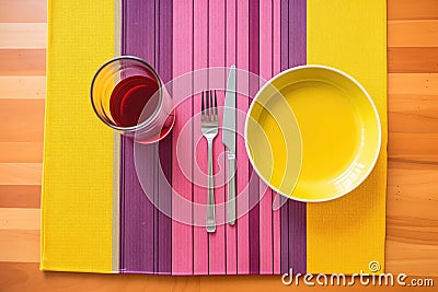 color contrast, purple beet juice against a vibrant yellow placemat Stock Photo