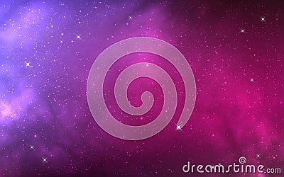 Color cosmos texture. Magic purple wallpaper with stars. Bright universe and shining nebula. Pink starry background Vector Illustration