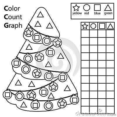 Color, count and graph. Educational children game. Color Christmas spruce tree and counting shapes. Printable worksheet for kids Vector Illustration