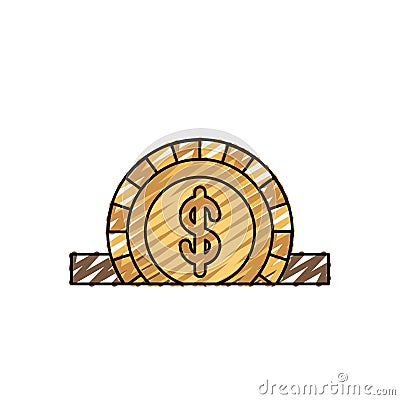 Color crayon silhouette closeup flat coin with dollar symbol depositing in rectangular slot Vector Illustration