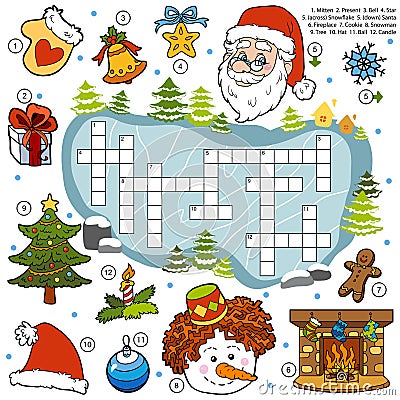 Color crossword, education game for children about Christmas Vector Illustration