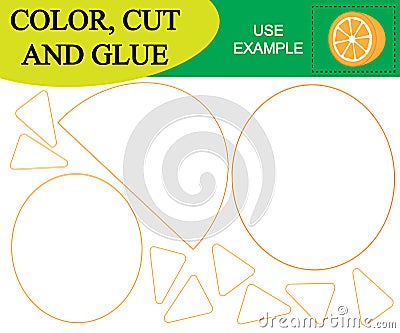 Color, cut and glue to create the image of half orange fruit. Educational game for children. Vector. Vector Illustration