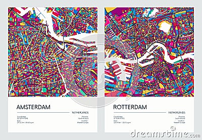 Color detailed road map, urban street plan city Amsterdam and Rotterdam with colorful neighborhoods and districts, Travel vector Vector Illustration