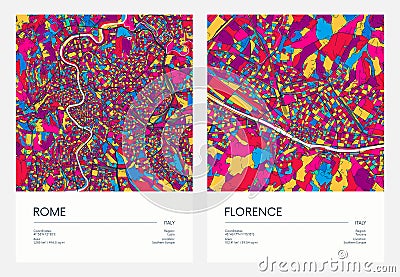 Color detailed road map, urban street plan city Rome and Florence with colorful neighborhoods and districts, Travel vector poster Vector Illustration