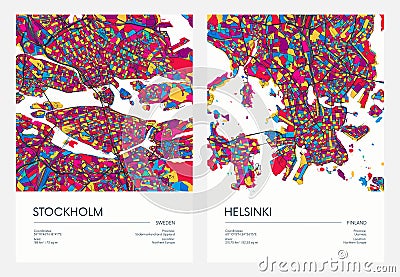 Color detailed road map, urban street plan city Stockholm and Helsinki with colorful neighborhoods and districts, Travel vector Vector Illustration