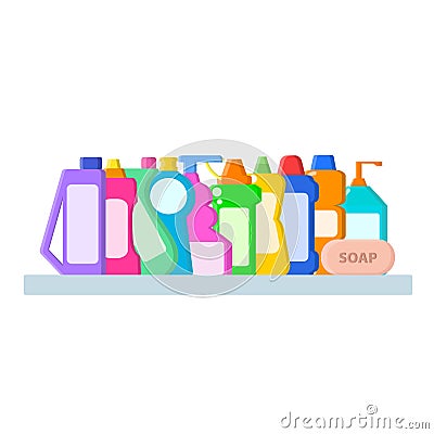 Color different bottles with shampoo, liquid soap and cleaner in flat style on bath shelf on white, stock vector illustration Vector Illustration
