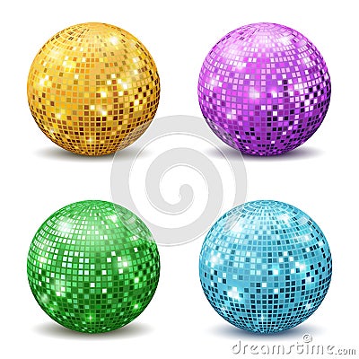 Color disco balls. Realistic reflection ball mirrored disco party silver glitter equipment retro rays mirrorball set Vector Illustration