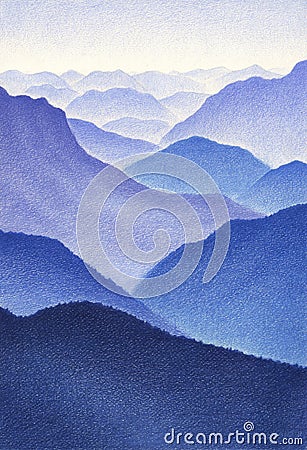 Color drawing of blue mountains Stock Photo