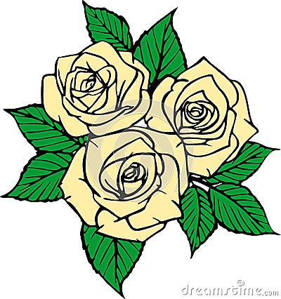 color drawing of a bouquet of three pink roses with a black outline on a white background Stock Photo
