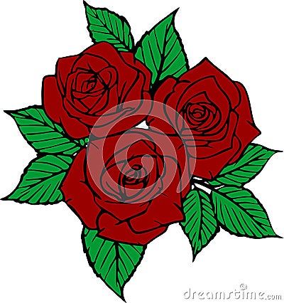 color drawing of a bouquet of three red roses with a black outline on a white background Stock Photo