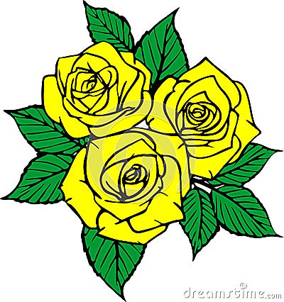 color drawing of a bouquet of three yellow roses with a black outline on a white background Stock Photo