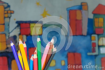 drawing pencils on a kids drawing background Editorial Stock Photo