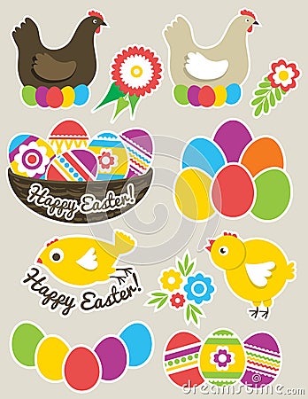 Color Easter stickers with eggs, hen, nest and chicken. Holiday Easter Eggs decorated with flowers and leafs. Print design, label Vector Illustration