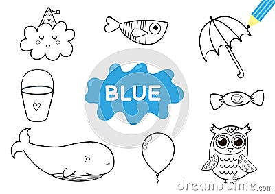 Color the elements in blue. Coloring page for kids. Educational material Vector Illustration