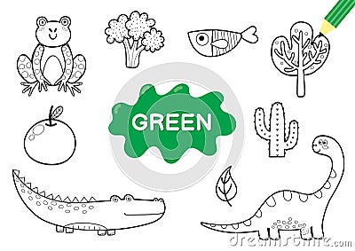 Color the elements in green. Coloring page for kids. Educational material Vector Illustration