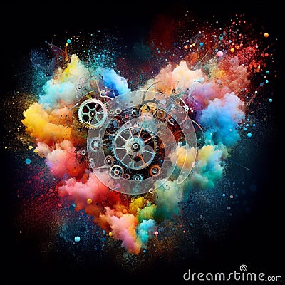 a color explosion of paint render a steampunk geared poly transparent heart - love concept Stock Photo