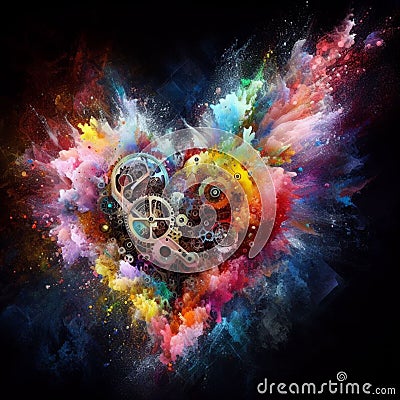 a color explosion of paint render a steampunk geared poly transparent heart - love concept Stock Photo