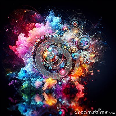 a color explosion of paint render a steampunk geared poly transparent love sculpture concept Stock Photo