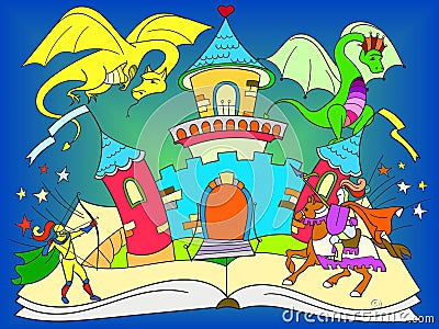 Color fairy open book tale concept kids illustration with evil dragon, brave warrior and magic castle. Vector Illustration