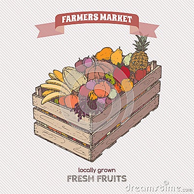 Color farmers market label with fruits in wooden crate. Vector Illustration