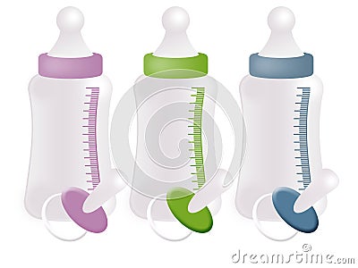 Color feeding bottles and dummies Stock Photo