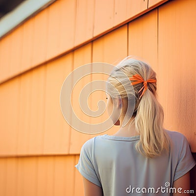 Color Field Minimalism: A Retro Chic Woman With Short Brunette Hair Stock Photo