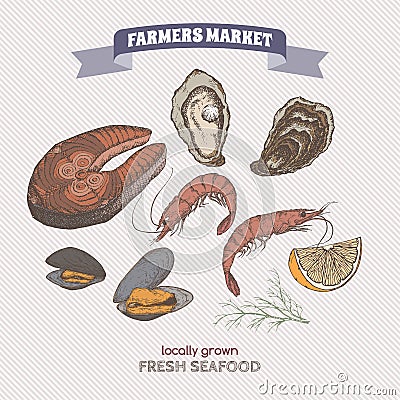 Color fish steak, shrimp, oyster and mussel hand drawn sketch Vector Illustration