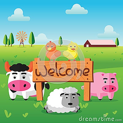 Color flat farm of cows pig hen duck and sheep stand in green field with welcome wooden board Vector Illustration