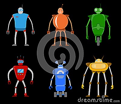 Color flat icon set of modern modern robots. Future mechanical robots. Vector Illustration