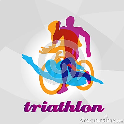 Color flat logo triathlon. Vector figures triathletes Vector Illustration