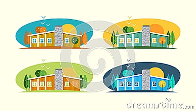 Color flat set and illustrations urban and village landscapes with a house Cartoon Illustration