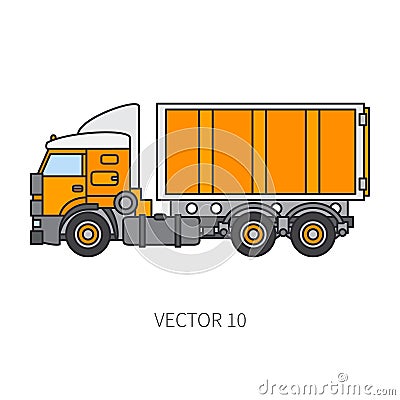 Color flat vector icon construction machinery truck container. Industrial style. Corporate cargo delivery. Commercial Vector Illustration