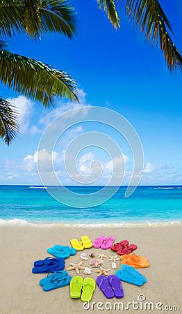 Color flip flops on sandy beach Stock Photo
