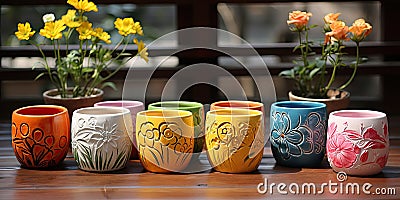 Color Flower Pots, New Ceramic Pottery, Various Clay Handicraft, Garden Vase, Decorative Flower Pots Stock Photo