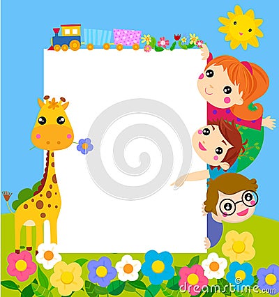 Color frame with group of kids and giraffe,background. Vector Illustration