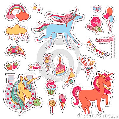 Color fun stickers with unicorn, cloud, cake, sweets and ice-cream Vector Illustration