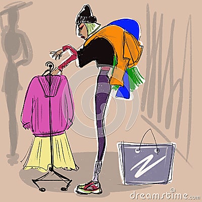 color funny illustration young stylish slim fashion girl shopping chooses clothes Cartoon Illustration