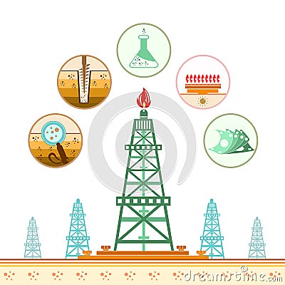 Color gas rig and circle icons with stages of process Vector Illustration