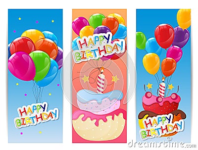 Color Glossy Happy Birthday Balloons and Cake Banner Background Vector Illustration